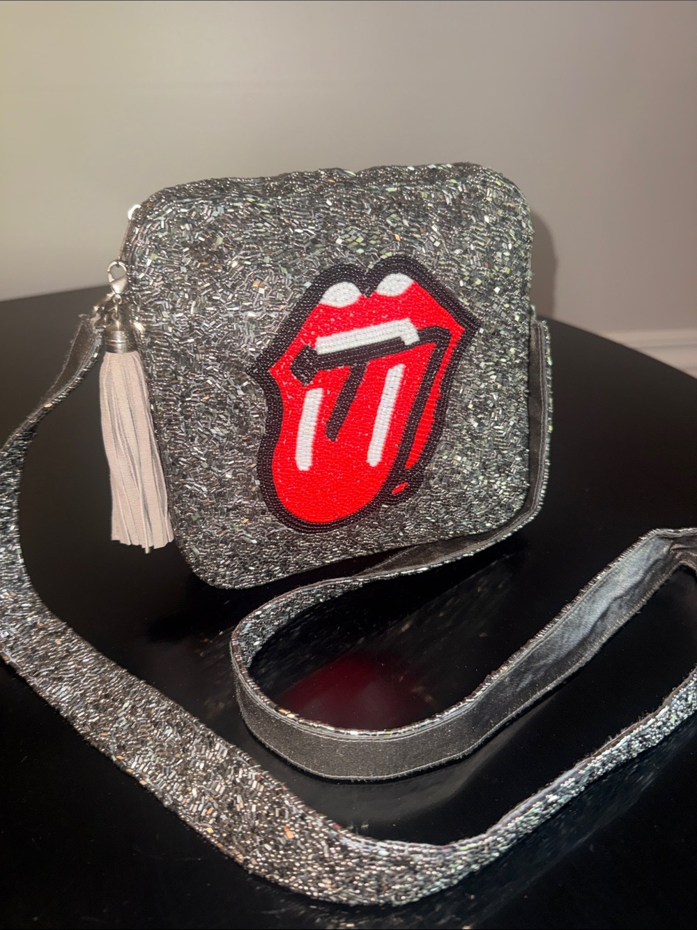 Rolling Stones Beaded Logo PEWTER Silver Sparkly Crossbody Bag MOYNO Purse